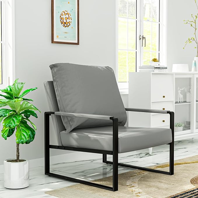 AWQM Modern PU Leather Accent Chair Arm Chair with Extra-Thick Padded Backrest and Seat Cushion Sofa Chairs for Living Room Bedroom, 105 Degree Slant Back, Non-Slip Adsorption Feet-Grey（Set of 1）