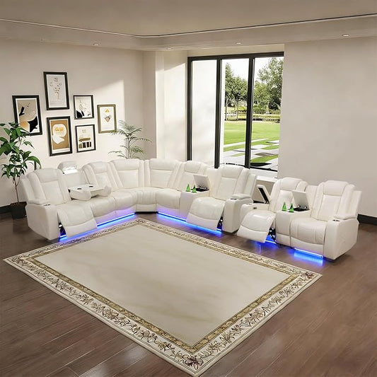 Power Leather Recliner Sectional Sofa with LED Light,L Shaped Reclining Couch with USB Charger/Cup Holder/Storage,Leather Sofa for Living Room Furniture Sets(Cream Stripes,Sectional+2 Seats)
