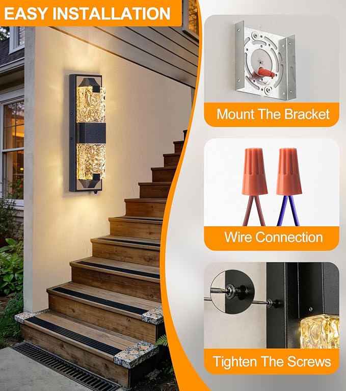 HITTO Porch Lights Outdoor, Dusk to Dawn Outdoor Lighting 15.6'' Outdoor Wall Sconce, IP65 Waterproof LED Exterior Lamp, Ripple Crystal Glass, Black&Gold Modern Porch Light for House Front Door 1 Pack