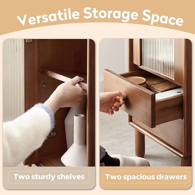 100% Solid Wood Storage Cabinet with Glass Doors and Drawers, Buffet Cabinet with Drawers, for Living Room, Reading Room, Kitchen (14" D x 15" W x 37" H)