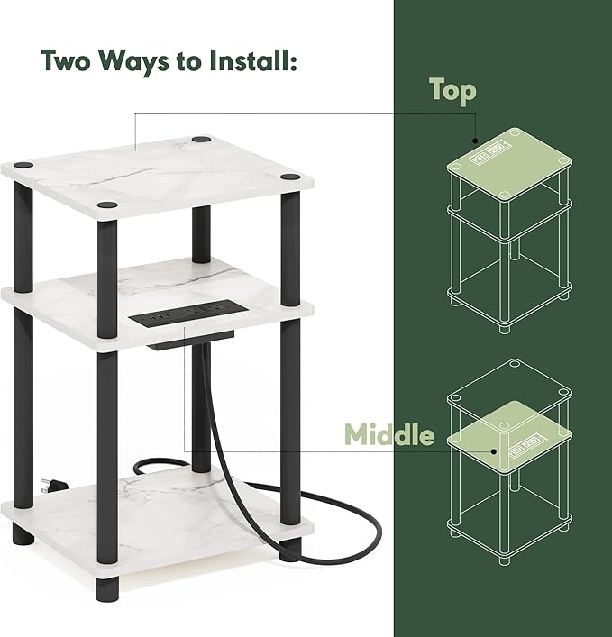 Furinno JUST Side Table Set of 2, 3-Tier Modern End Table with Charging Station, Open Shelf Night Stand, Bedside Table with USB and Type-C Charging Port, for Living Room, Bedroom, Marble White