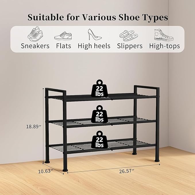 3-Tier Adjustable Shoe Rack, 26.5-Inch Wide Metal Storage Organizer for Closet Entryway, Heavy-Duty Stand for Shoes, Books, or Plants - Easy Assembly (Black)