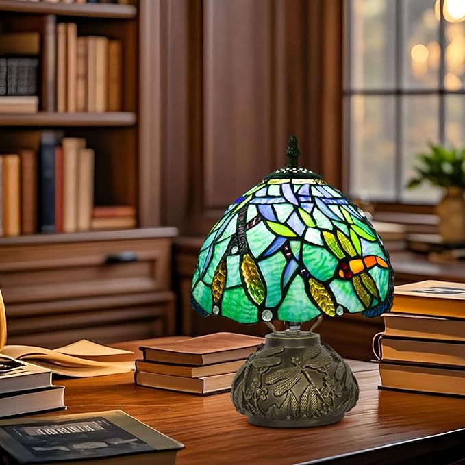 Small Tiffany Table Lamp,Stained Glass Lamp,8 Inch Mushroom Style Mini Vintage Desk Lights for Bedside, Bedroom,Nightstand,Living Room,3 Color Temperature (Wheat Ear Dragonfly)