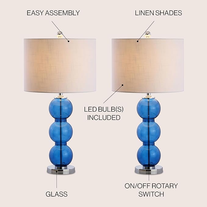 JONATHAN Y 27" Cobalt Blue/Chrome Triple-Sphere Glass Table Lamp Set of 2, Bedside, White Linen Shade, Modern Table Lamps for Living Room, Bedroom, Office, LED Bulbs Included (JYL1070E-SET2)