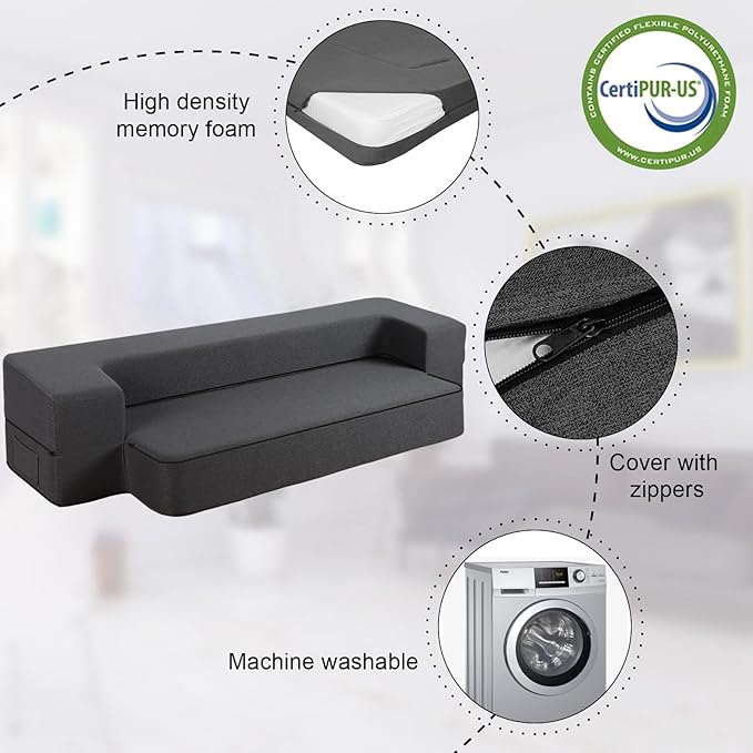 HonTop 8 Inch Folding Sofa Bed Couch Queen Memory Foam Convertible Futon Sleeper Chair Foam Bed for Bedroom Living Room Guest, Dark Grey