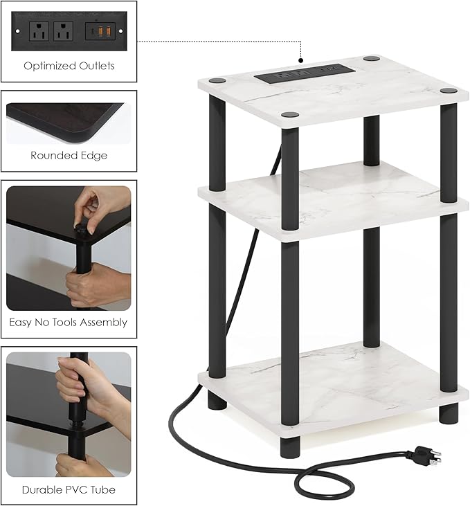 Furinno JUST Side Table Set of 2, 3-Tier Modern End Table with Charging Station, Open Shelf Night Stand, Bedside Table with USB and Type-C Charging Port, for Living Room, Bedroom, Marble White