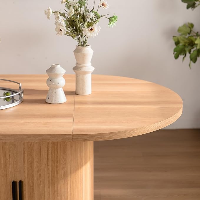 KEIKI Dining Table for 4-6, 59 Inch Modern Dining Room Table with 2-Layer Storage Shelf and Wood Slide Door, Oval Circle Dinner Furniture with Pedestal Base for Dining Room