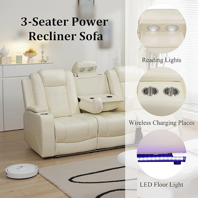 Breathing Leather Reclining Sectional Sofa with LED,Power Recliner Sectional Couch with Armrest Storage&Cup Holders, L Shaped Recliner Corner Couch for Living Room (Cream White Upgraded)