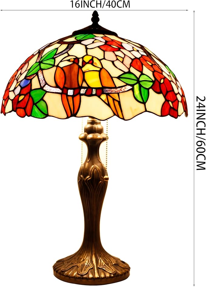 WERFACTORY Tiffany Style Table Lamp Double Birds Colorful Stained Glass Bedside Lamp 16X16X24 Inches Desk Light Metal Base Decor Bedroom Living Room Home Office S803 Series
