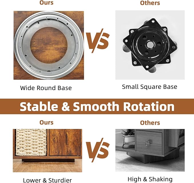 TooCust Rotating End Table with Storage, Square Rotating Side Table Living Room, Side Table with Magazine Holder, Basket and Cabinet, Swivel End Table with Multiple Storage (Rustic Brown)