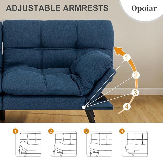 Opoiar Futon Sofa Bed Convertible Memory Foam Blue Couch Bed Futon Sets Folding Modern Sleeper Sofa Gray Loveseat for Studio,Drom,Apartment,Game Room and Small Space