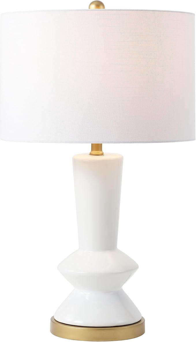 JONATHAN Y 27" White/Gold Modern Ceramic Table Lamp for Bedroom Living Room, with White Linen Shade, Glam Geometric Bedside Nightstand Lamp, LED Bulb Included JYL6607A