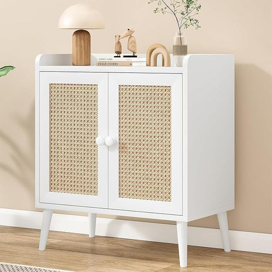 Sideboard Buffet Cabinet with Storage, Rustic Bar Liquor Cabinet with Boho Rattan Decorated Doors, Retro Credenza Console Table for Dining Room Living Room Hallway EntryWay, White
