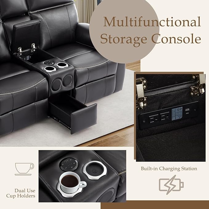 Power Reclining Sofa Set, Power Recliner Sofa and Loveseat Set with LED Light/Bluetooth Speakers, Electric Reclining Sofa Couch Living Room Set for Home, Office(Black, Sofa+Loveseat) | pu leather, Bluetooth Speakers, LED Light, outlets, Storage Drawer