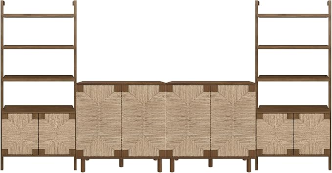 Nathan James Beacon Boho Seagrass Entertainment Center with Bookshelves and Storage Cabinet, Bookcase TV Stand Wall Unit, Fits TVs Up to 65 in. in Dark Brown Finish