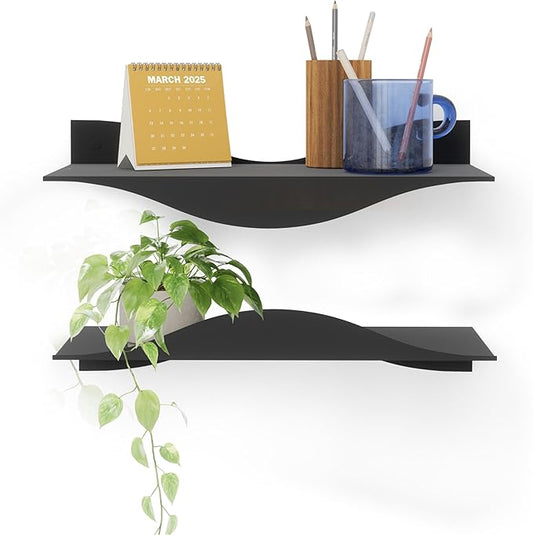 Umbra Surf Shelf Set of 2 – Black Metal Floating Shelves for Wall Storage & Décor, Modern Wave Design, 100% Steel, Holds 15 lbs. Each, Easy Installation Shelving for Bedroom, Living Room & Office