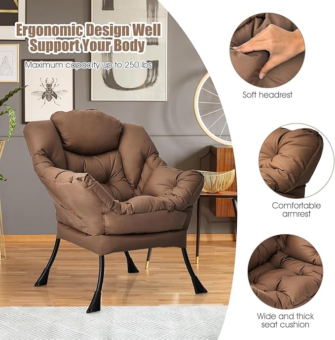 KOMFOTT Modern Accent Chair, Soft Upholstered Lazy Sofa with Side Pocket & Armrests, Single Sofa Armchair, Leisure Sofa Chair for Living Room, Bedroom, Brown