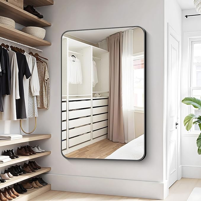 KOCUUY Black Mirror, 36x48 Inch Rectangle Bathroom Mirror with HD Tempered Glass, Anti-Rust Frame, Vanity Mirror with Rounded Corner for Bathroom, Living Room, Entryway, Hang Horizontal/Vertical
