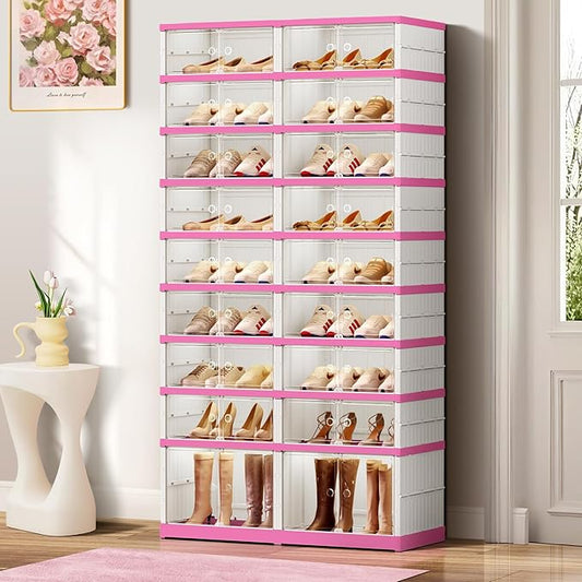 9-Tier Foldable Shoe Rack Organizer for Closet,36 Pairs Collapsible Plastic Shoe Shelf,Large Shoes Cabinet with Door,Clear Stackable Storage Box Easy Assembly（White-Pink）