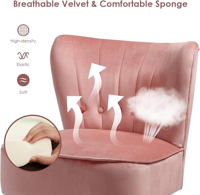 Giantex Modern Velvet Accent Chair, Small Upholstered Leisure Sofa Chair w/Wood Legs, Thickly Padded and Button Tufted, Armless Wingback Club Chairs for Living Room Bedroom Furniture (1, Pink)