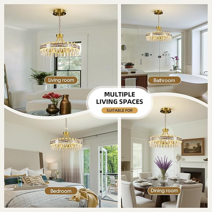Gold Round LED Crystal Chandelier for Dining Room - 21.6" Luxury 3 Colors Stepless Dimmable Chandeliers,Modern Adjustable Height Pendant Ceiling Light Fixture for Living Room Foyer With Remote Control