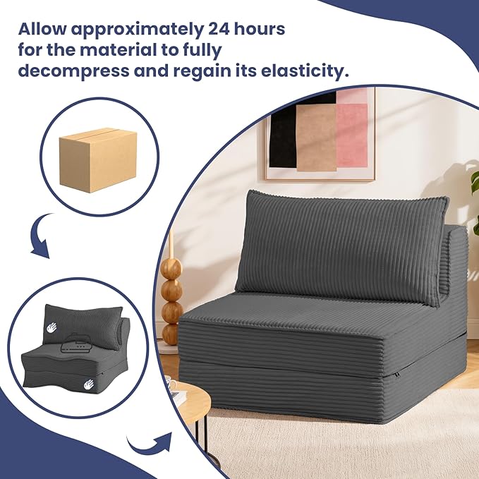 Folding Sofa Bed, Convertible Sleeper Chair with Pillow,Corduroy Comfy Floor Futon for Living Room Bedroom,Modern Accent Reading Chair,No Assembly Required,Grey