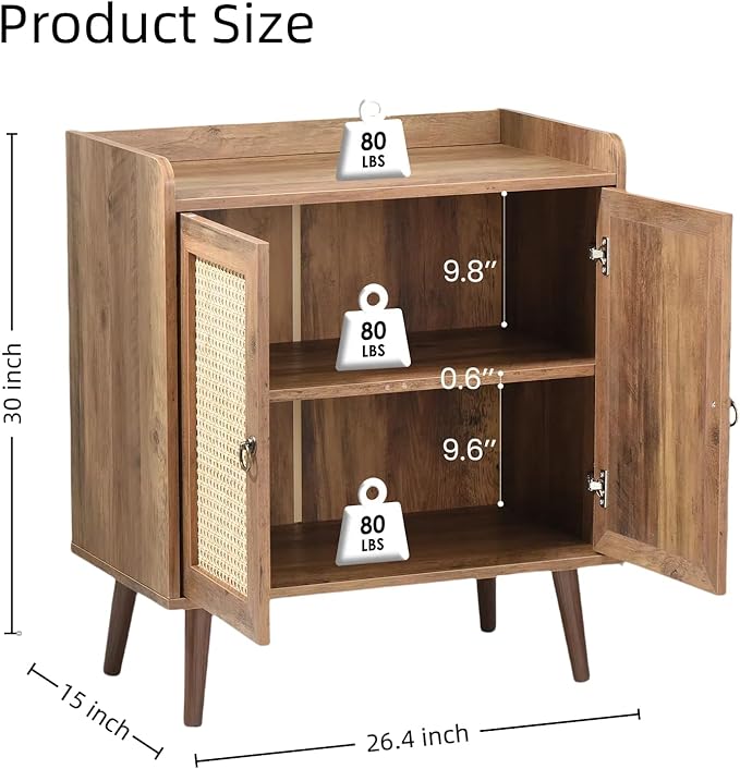 FONTOI Buffet Cabinet, Rattan Storage Cabinet with Round Pull Rings, Sideboard with Ample Storage, Bar Liquor Shelf with 2 Doors for Living Room, Hallway, Light Brown