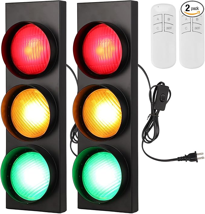yeesport Traffic Light Wall Lamp, 2 Pcs Retro Traffic LED Light with Remote Controller, Kids Bedroom Stop Light, Room Decor Light, Vintage Fun Signal Light for Bedroom, Living Room, Club, Bar, Pub