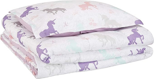 Amazon Basics 2-Piece Soft Easy-Wash Microfiber Kid's Comforter and Pillow Sham Set, Twin, Purple Unicorns, Animal Printed