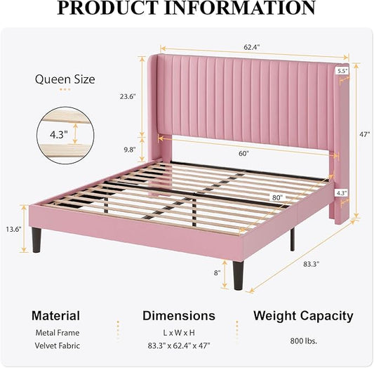 SHA CERLIN Queen Size Velvet Bed Frame with Vertical Channel Tufted Wingback Headboard, Upholstered Platform Bed with Wood Slats, No Box Spring Needed, Easy Assembly, Pink
