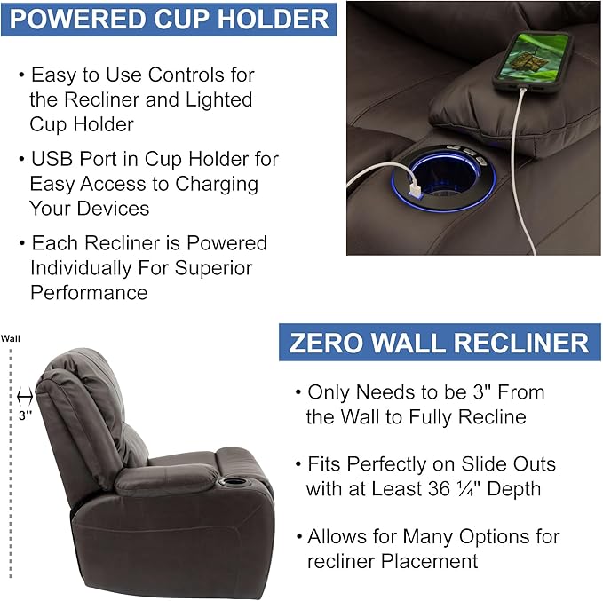 RecPro Charles 64" Powered Recliner RV Sofa with Console and Cupholders | Zero Wall Loveseat for Camper | Wall Hugger Couch with 2023 Updated Fabric (Chestnut)