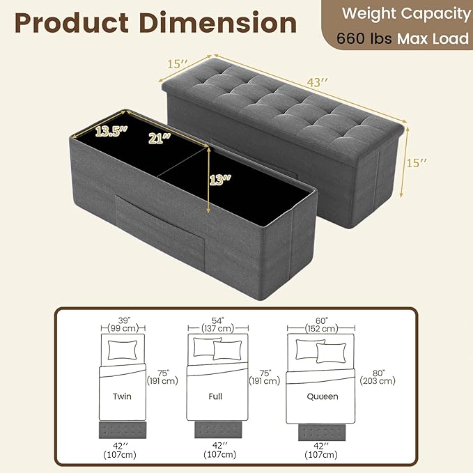 Giantex Storage Ottoman Bench, 43"L Folding Foot Rest Storage Chest with Side Pocket, Divider, Padded Seat Shoe Bench for Living Room Bedroom Hallway Entryway End of Bed (Dark Gray)