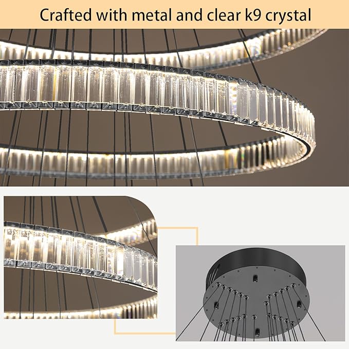 Large Ring Chandelier Modern Crystal Chandeliers for High Ceiling Round LED Dimmable Ceiling Light Fixture for Foyer Long Stair Black 8''+16''+24''+32''+40''+47''