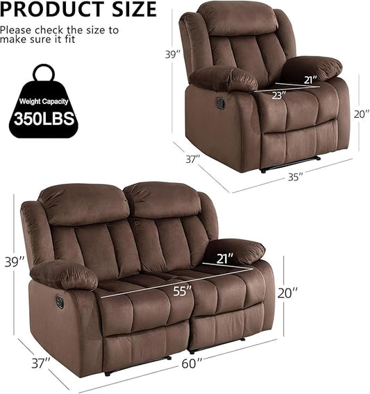 EBELLO Manual Reclining Sofa Set, Classic Recliner Sofa with Overstuffed Arms and Backrest, Include 1 Recliner Chair, 1 Loveseat Couch, Brown