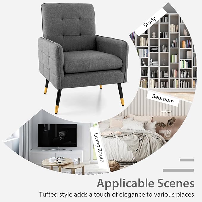 Giantex Modern Mid-Century Accent Chair - Upholstered Armchair with Tufted Back, Metal Legs, Adjustable Foot Pads, Linen Fabric Single Sofa Chair for Reading, Living Room Chair for Bedroom, Grey