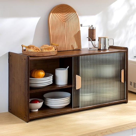 HollyHOME Small Bamboo Wall Mounted Kitchen Pantry Sideboard with 2 Doors and Adjustable Shelves, Coffee Wine Bar Storage Cabinet for Liquor and Glasses, Dining Cupboard for Bottle, Dish, Walnut