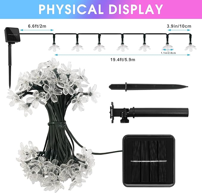 2 Pack Total 52FT 120 LED Solar String Lights Outdoor Waterproof Flower Fairy Lights for Garden Fence Patio Yard Christmas Tree Lawn Wedding Party Decor, Multicolor