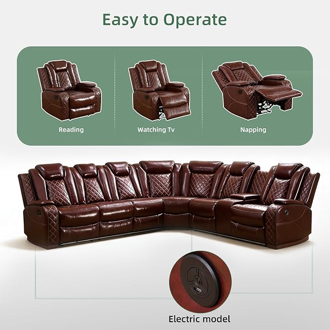 Power Reclining Sectional Sofa for Living Room – Brown Leather Reclining Sectional Couch, Storage Console & Cup Holders with LED Lights, Power Recliner Sofa for Family Use