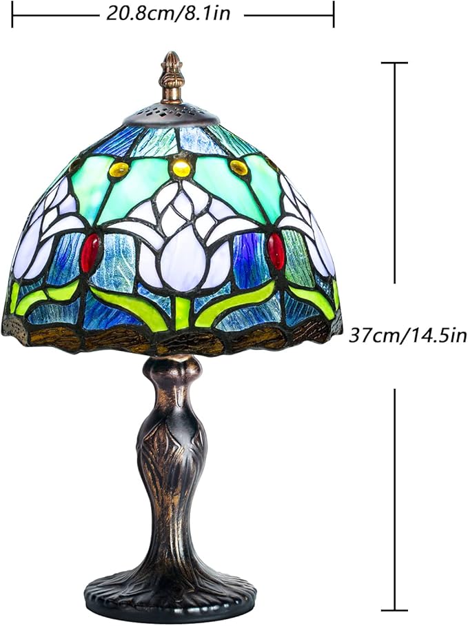 MIAOKE Stained Glass Table Lamp,Stained Glass Crystal Bead Style Table Light, Handmade Desk Bedside Night Light, Antique Art Craft Gifts Lover Living Room Bedroom Bookcase(Blue Tulips)
