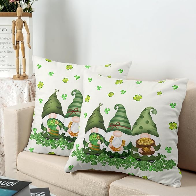 Pack of 2 Saint Patricks Day Decorative Pillow Covers 22x22 Soft Cotton Blend Lucky Charms Gnomes Pillow Cases Spring Shamrocks Cushion Covers for Couch Bed Home Decor