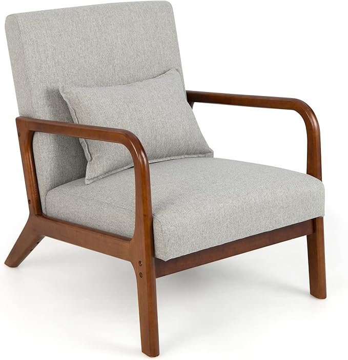 Giantex Modern Accent Chair with Pillow - Comfy Upholstered Lounge Armchair with Anti-Slip Felt Pads, Wooden Frame Soft Padded Arm Chairs for Living Room, Bedroom, Study, Grey