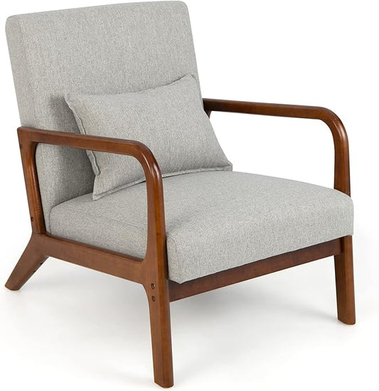 Giantex Modern Accent Chair with Pillow - Comfy Upholstered Lounge Armchair with Anti-Slip Felt Pads, Wooden Frame Soft Padded Arm Chairs for Living Room, Bedroom, Study, Grey