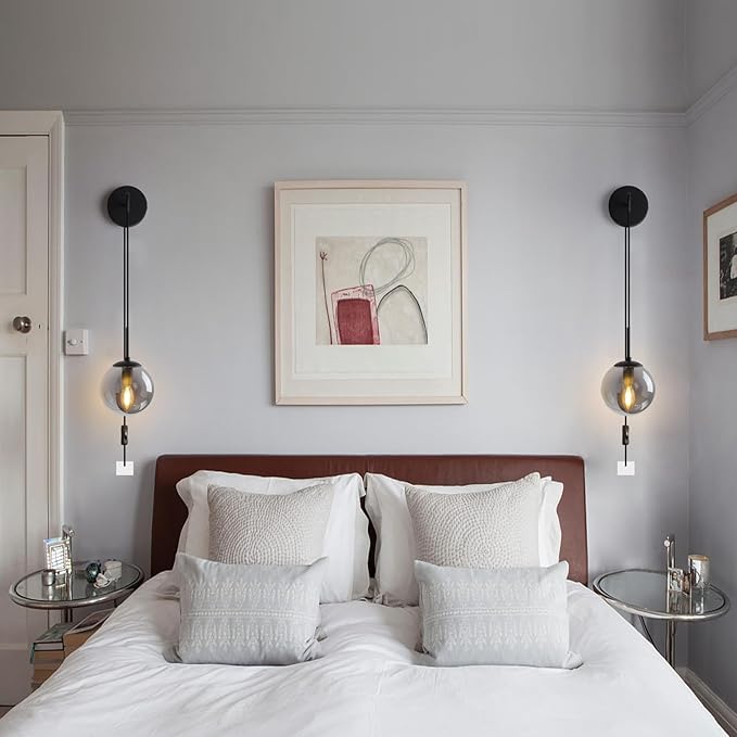 Wall Sconces Set of Two Matte Black Wall Lights for Bedroom Plug in Wall Sconces Set of 2 with Globe Smoke Grey Glass Shade Wall Lamp with Plug in Cord Sconces Wall Decor Set of 2 with Switch