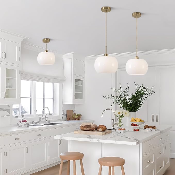 BOKT 1-Light Gold Dome Pendant Light Mid Century Modern White Globe Pendant Lighting Kitchen Island Brass Dining Hanging Ceiling Lamp Single Large Glass Ball Pendant Lamp