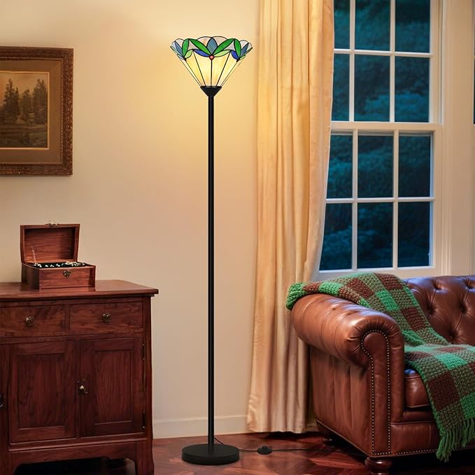 Floor Lamp with Tree Leaf Stained Glass Shade, Torchiere Floor Lamp, Tall Corner Pole Lamp with Foot Switch, Vintage Style Decorative Standing Reading Light for Living Room Bedroom(E26 Base)