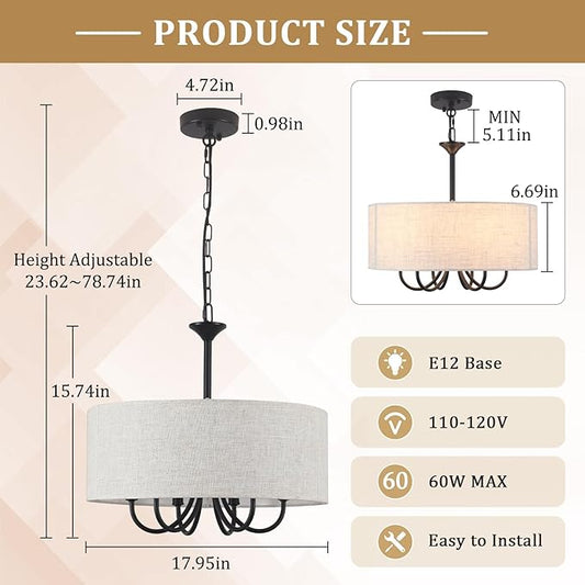 18'' Drum Chandeliers for Dining Room, 6-Light Black Farmhouse Chandelier Linen Drum Light Fixture, Round Chandelier Hanging Pendant Lighting for Bedroom Living Room Foyer
