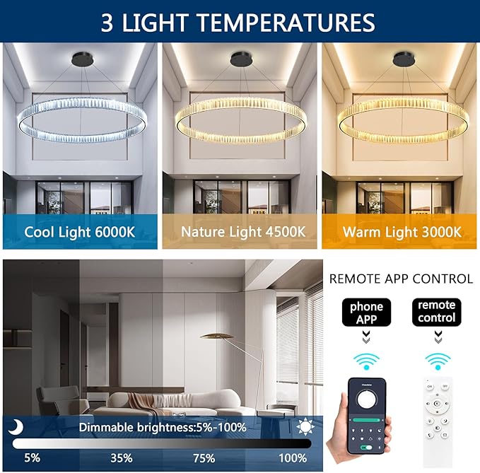 40'' Modern Ring Chandelier Crystal Chandeliers for Dining Room Round LED Dimmable Ceiling Light Fixture for Living Room Bedroom Lighting Black