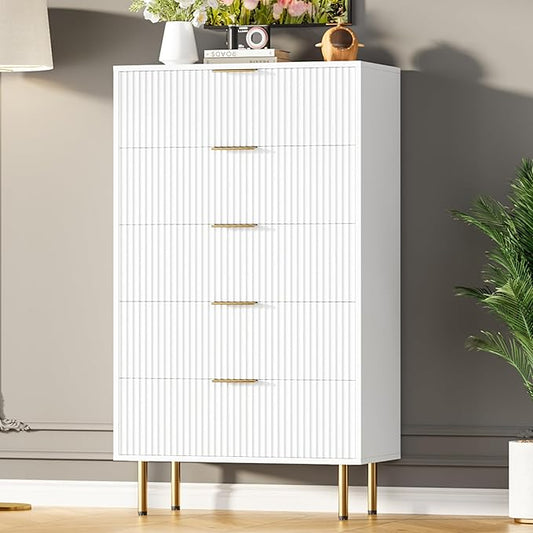 GAOMON 5 Drawer Dresser,Fluted Dresser for Bedroom,47.9" Tall Dressers Chest of Drawers,Wood Tall Dressers with Metal Handle for Closet, Living Room, Entryway