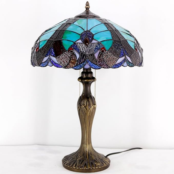 WERFACTORY Tiffany Style Lamp Green Liaison Stained Glass Bedside Table Lamp 16X16X24 Inches Desk Light Metal Base Decor Bedroom Living Room Home Office S160G Series Teal Purple