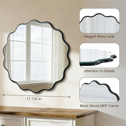 Round Wavy Black Mirror 17" Wall Decorative Mirror Wood Frame Circle Modern Mirror Bathroom Vanity Mirror for Bathroom Entryway Living Room Bedroom Hallway